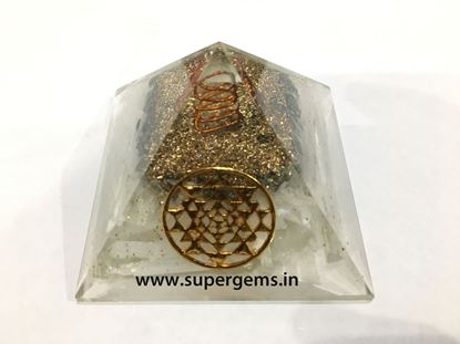 Picture of selenite pyrite shreeyantra orgone pyramid